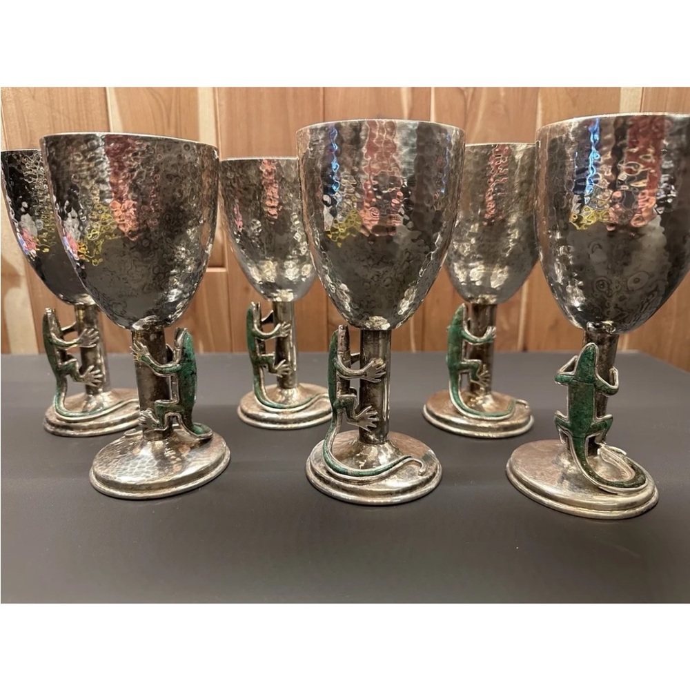 VINTAGE 1990s EMILIA CASTILLO MEXICAN SILVER PLATE GLASSES GOBLETS GREEN LIZARDS